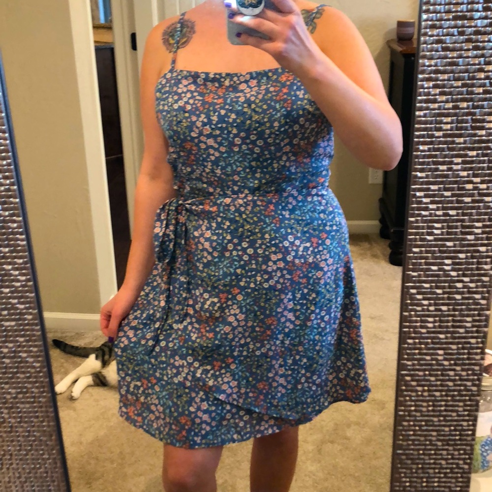 Vintage blue floral spaghetti trap faux wrap dress Jody California Size L